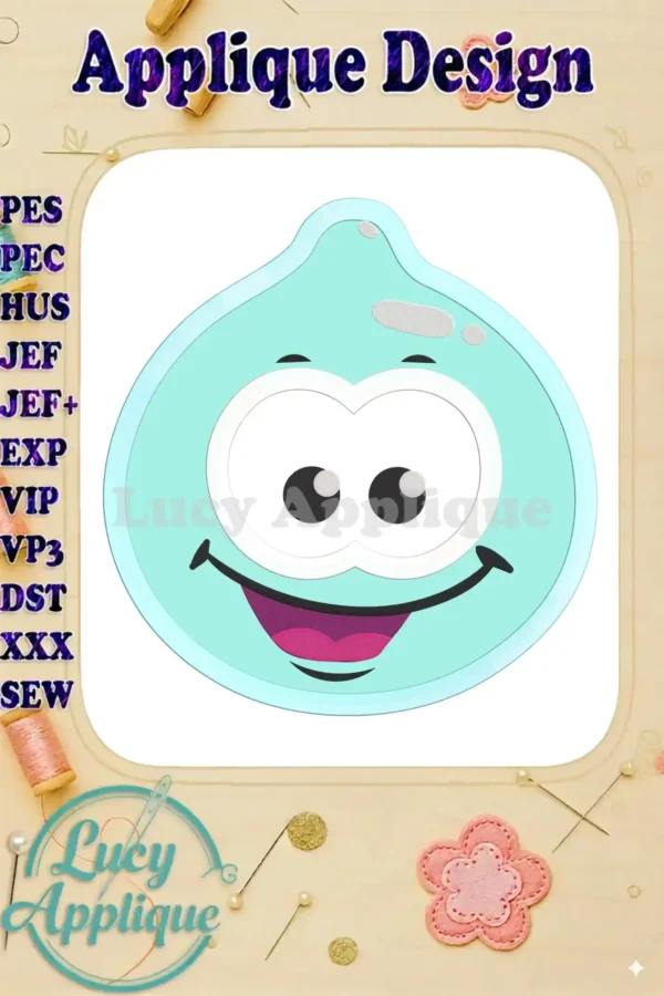 Embroidery design of a cute Sky Jelly character with a big smile, light teal body, and white eyes. Applique design with various formats.