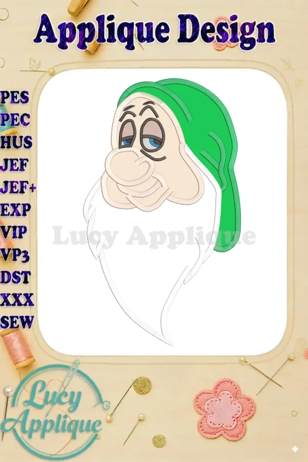 Sleepy Snow White applique embroidery design showcasing the main design. Features a whimsical depiction of Sleepy from Snow White with a green hat. Ideal for various sewing projects.