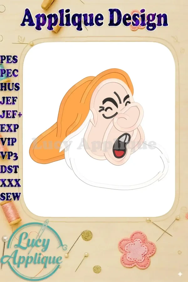 Sneezy, the dwarf from Snow White, in an applique design, shown in multiple formats, including PES, PEC, HUS, JEF, JEF