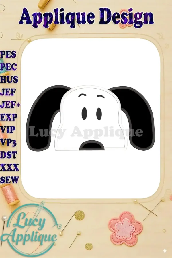 Main image showcasing a Snoopy applique embroidery design, ready to be stitched. The design is in black and white, suitable for various fabrics.