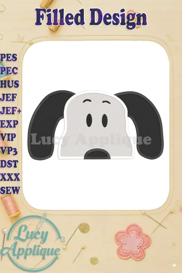 Snoopy's face, a filled machine embroidery design, shown in black and white on a white background. The design is simple and charming.