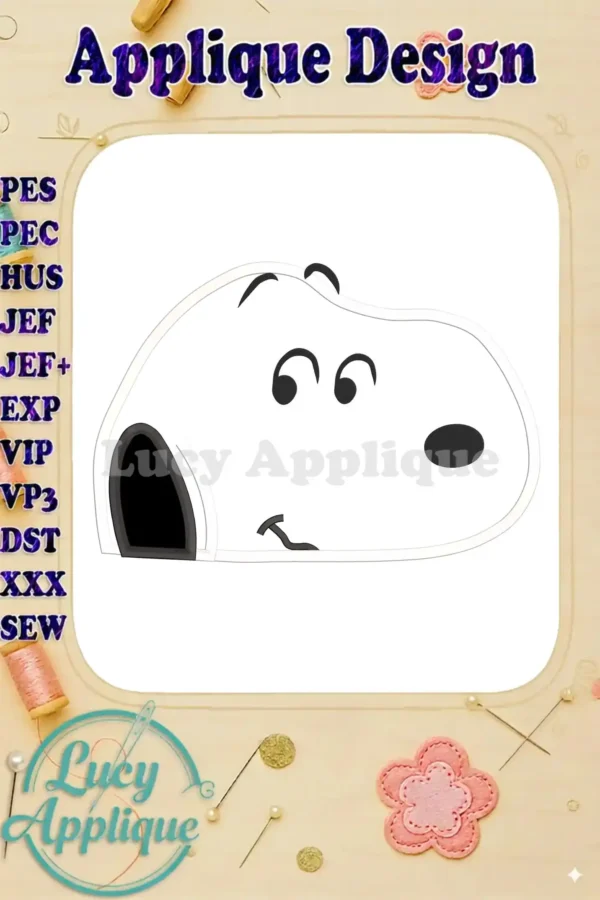 Main image showcasing a Snoopy head applique embroidery design. The design is presented on a white background with various file format options listed.