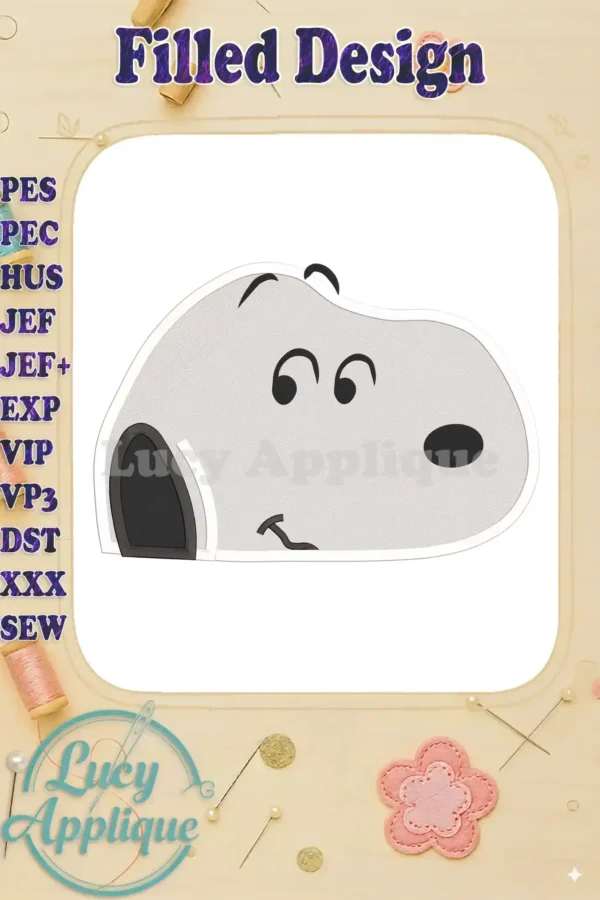 Embroidery design of Snoopy's head, a filled design with gray and black, showcasing the character's iconic features in a simplistic style.