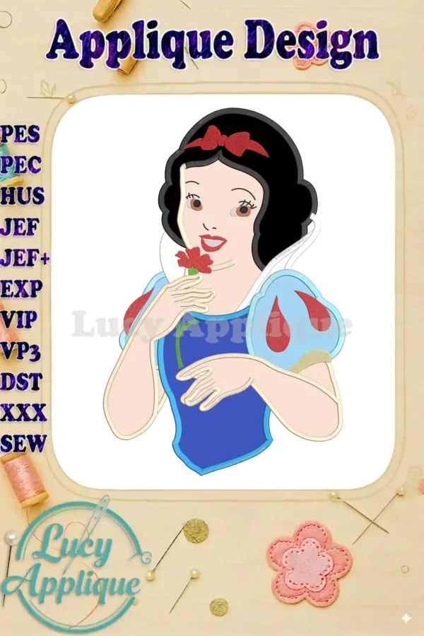 Snow White applique embroidery design, showcasing a charming depiction of the princess holding a red flower. Various embroidery file formats are listed.