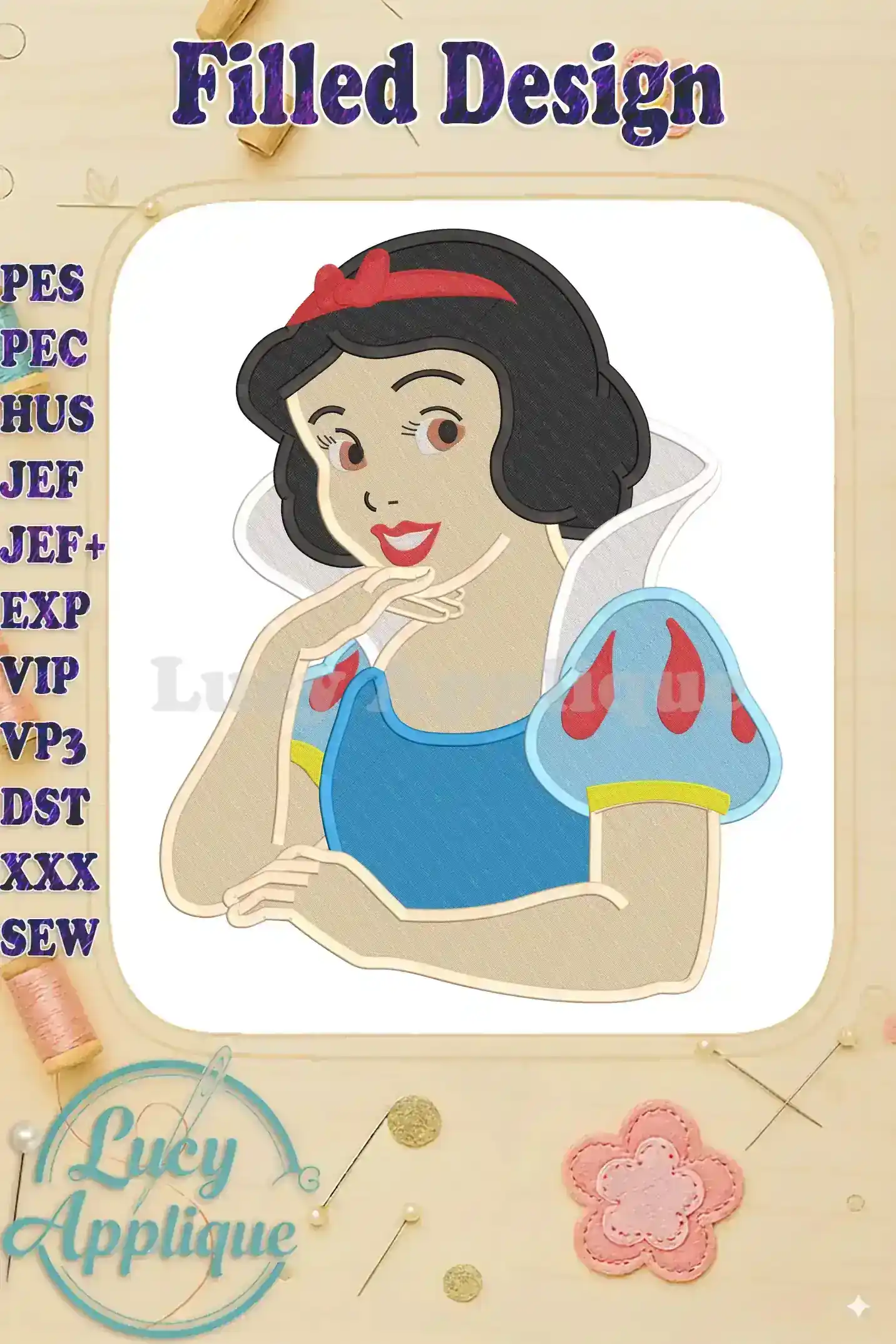 Snow White Fill Embroidery Design showcasing a charming depiction of Snow White, perfect for embroidery projects. The design is presented against a light wood background.