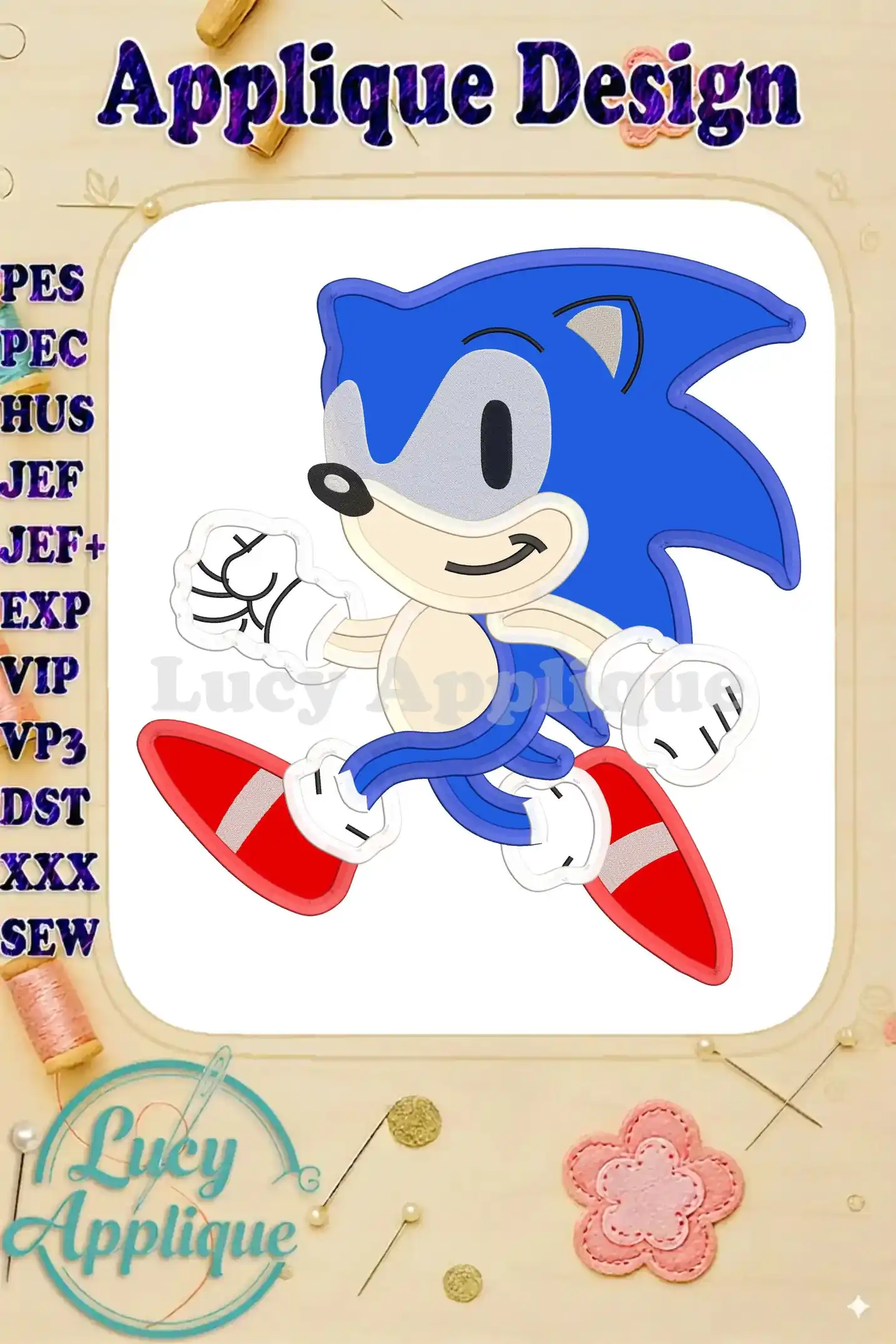 Embroidery design of Sonic the Hedgehog running, ready to be stitched. Includes various file formats for different embroidery machines.