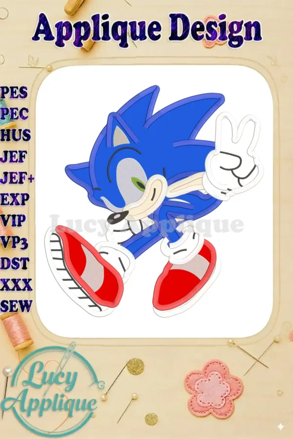 Sonic the Hedgehog applique design, showing the finished embroidered character with a peace sign. Includes various file format icons.