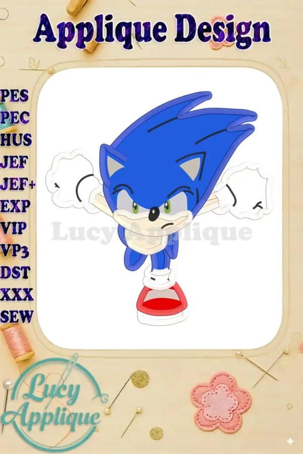 Embroidery design of Sonic the Hedgehog in applique style. The design is vibrant, playful and shows Sonic in a dynamic pose, ready to be stitched.