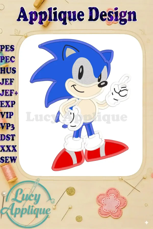 Sonic the Hedgehog applique embroidery design in various formats (PES, PEC, HUS, JEF, JEF