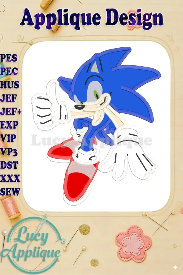Sonic the Hedgehog applique embroidery design, thumbs up, vibrant blue, red shoes, white gloves, detailed features, ready to stitch.
