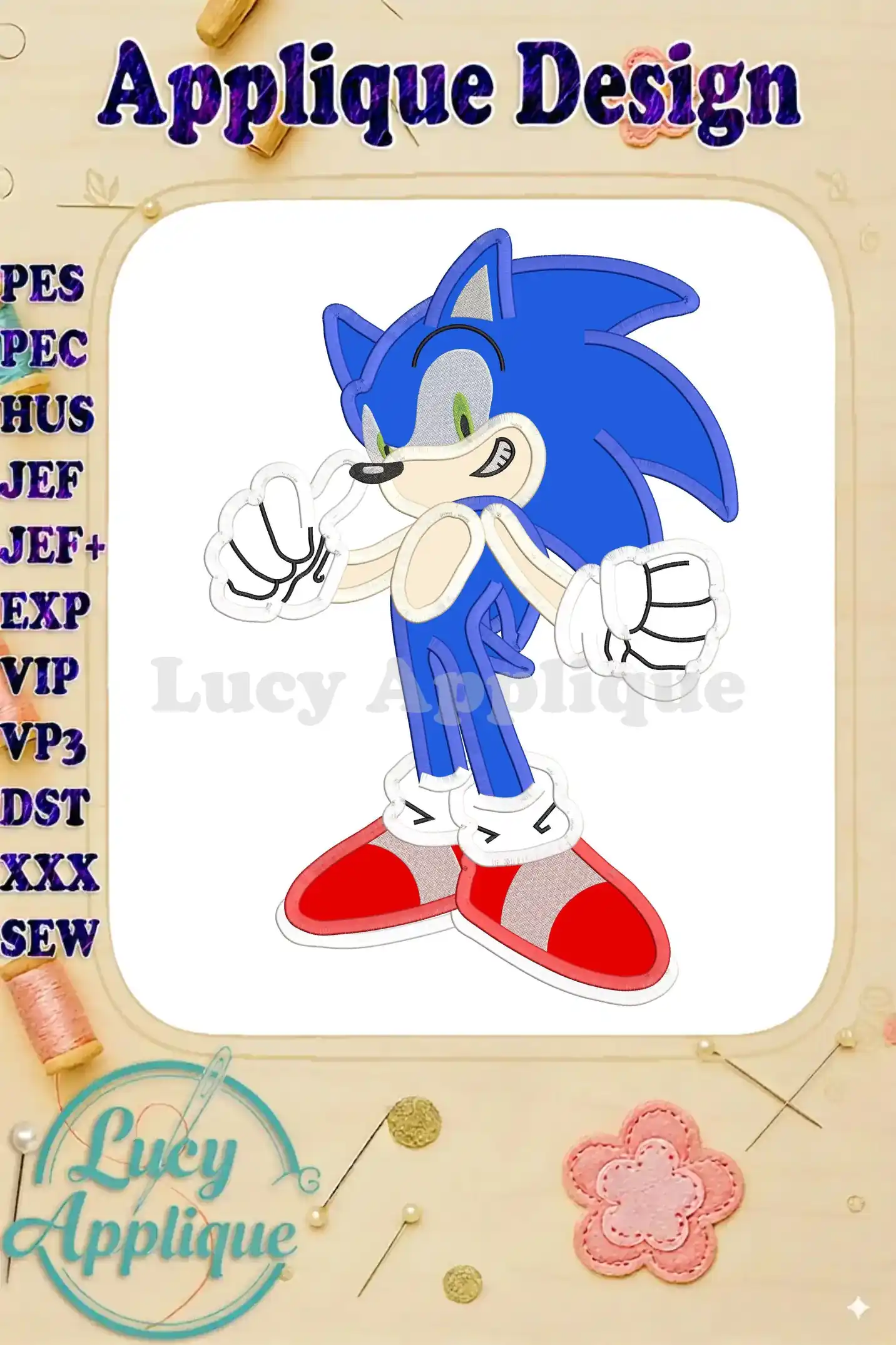 Sonic the Hedgehog applique embroidery design. A cheerful, vibrant design featuring Sonic in his classic pose. Perfect for adding a fun, personalized touch.