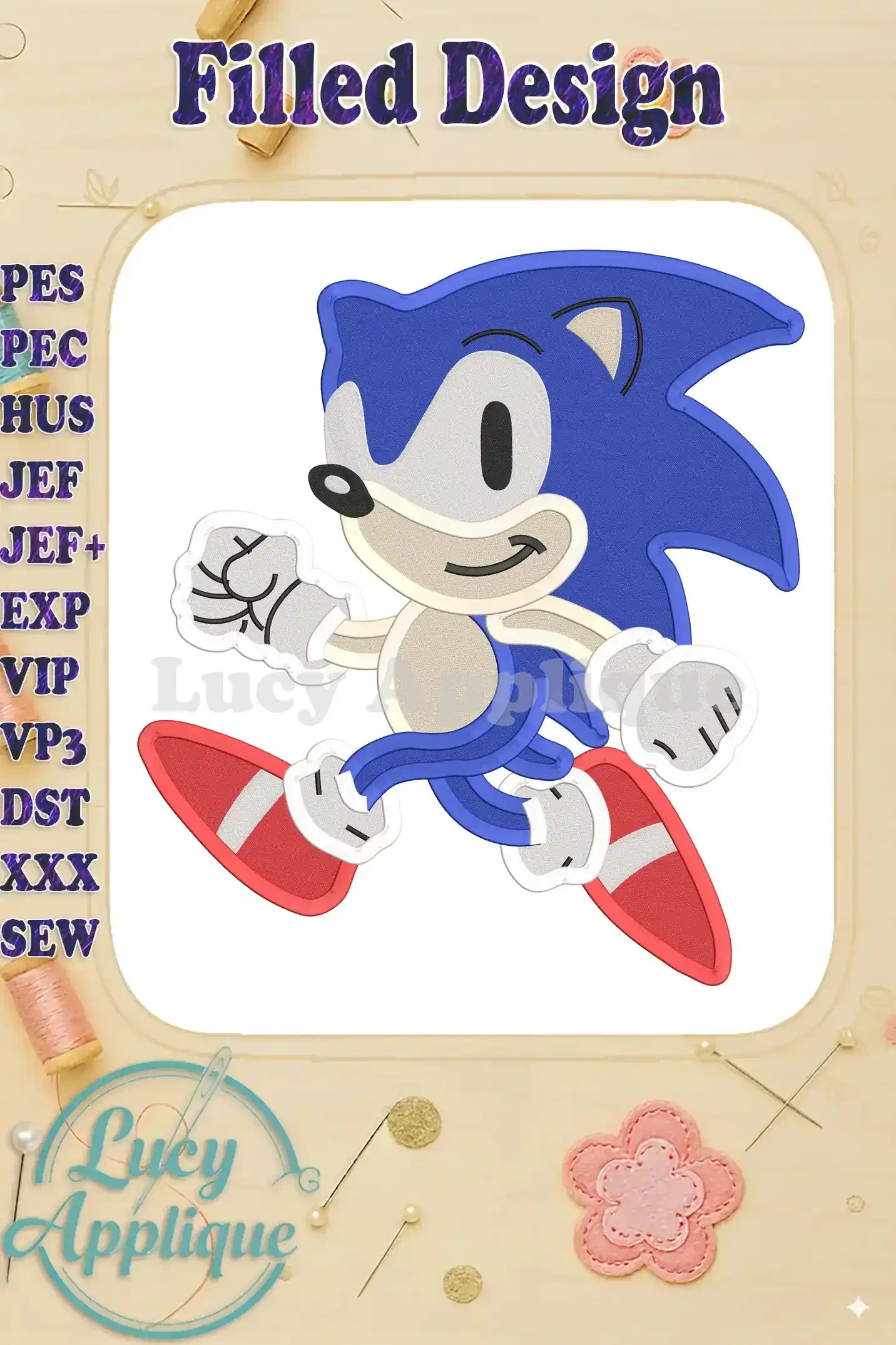 A charming filled embroidery design of Sonic the Hedgehog running, in a classic, retro style. The design is shown on a white background with a subtle wooden texture.