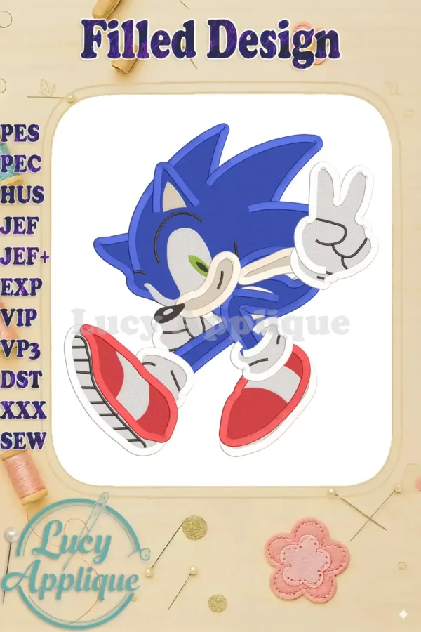 Main image of a vibrant Sonic the Hedgehog filled embroidery design, showcasing the character's iconic pose and bright colors, ready to be stitched.