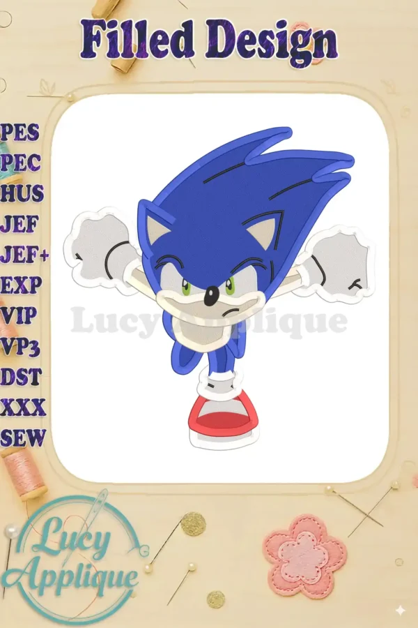 A vibrant filled embroidery design of Sonic the Hedgehog, showcasing his iconic blue fur, white gloves, and red shoes. The design is set against a clean white background, ideal for various embroidery projects.