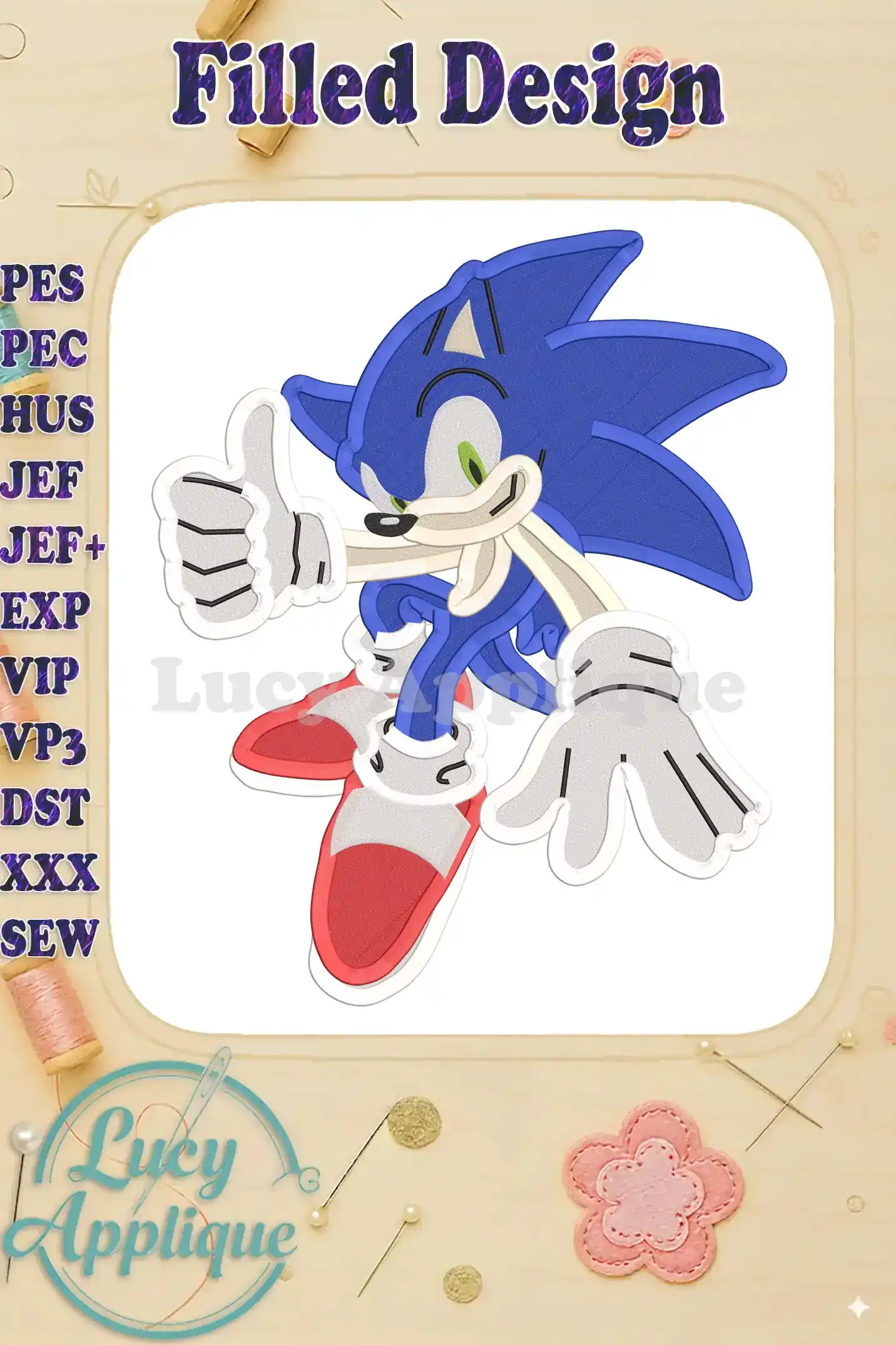 Embroidery design of Sonic the Hedgehog giving a thumbs-up, in blue with red shoes, against a white background. Design details and file formats listed.