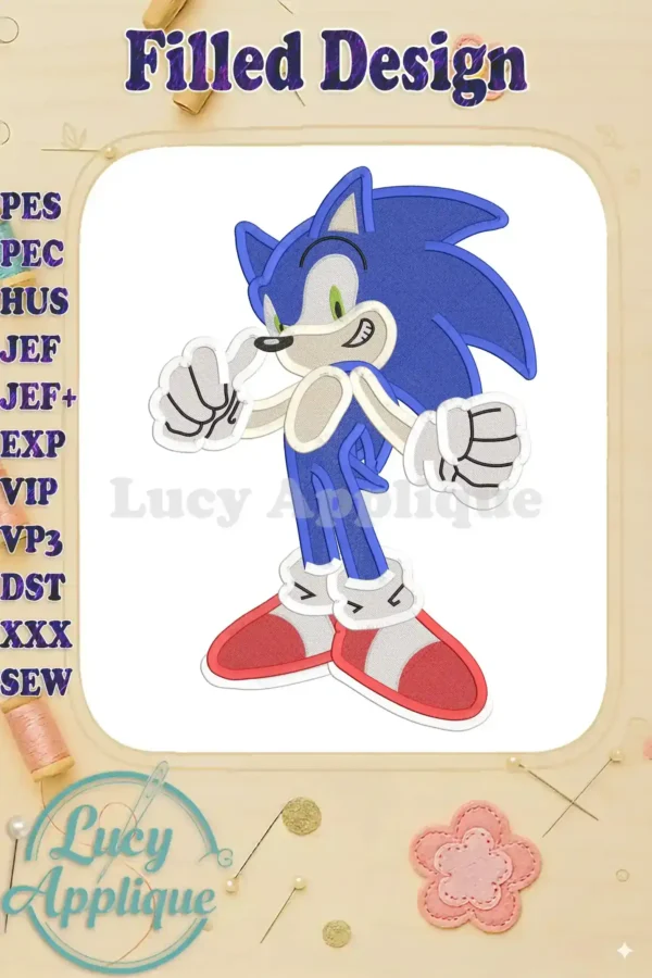 Main image of a Sonic the Hedgehog filled embroidery design, showcasing the character with thumbs up in vibrant blue and red.