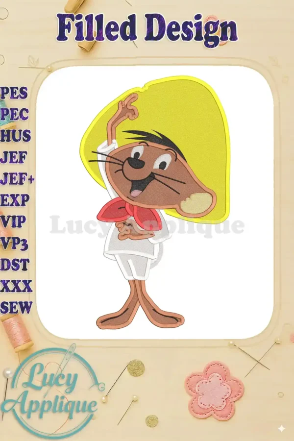 Embroidery design of Speedy Gonzales from Looney Tunes, wearing a sombrero, in a filled stitch style. The design is shown on a mock-up, surrounded by decorative elements.
