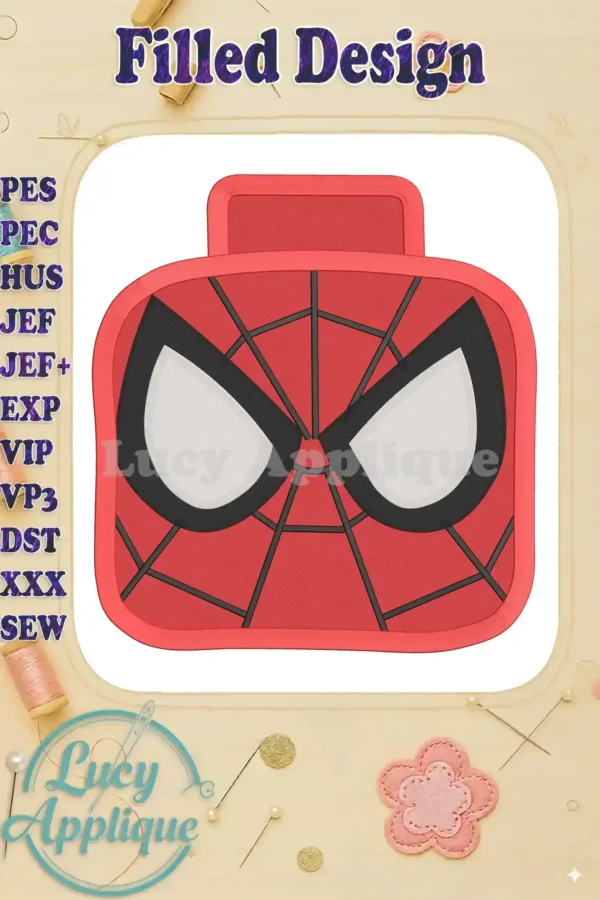 A charming filled embroidery design of Spider-Man's head in a Lego brick shape, showcasing vibrant red and black details against a white background.