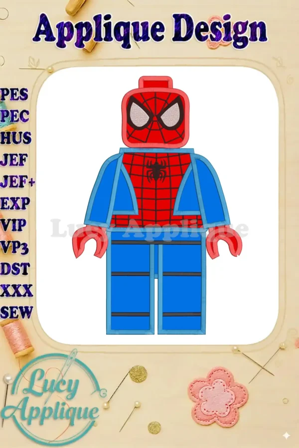 Spider-Man Lego applique design, showcasing a detailed embroidery of Spider-Man in Lego form, ready to be stitched. Includes various file formats.