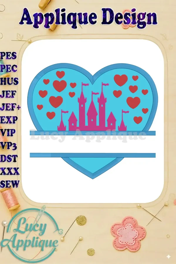 Main image showcasing a charming split heart applique design featuring a pink castle and red hearts, suitable for Valentine's Day or fairytale projects. Various embroidery file formats are listed.