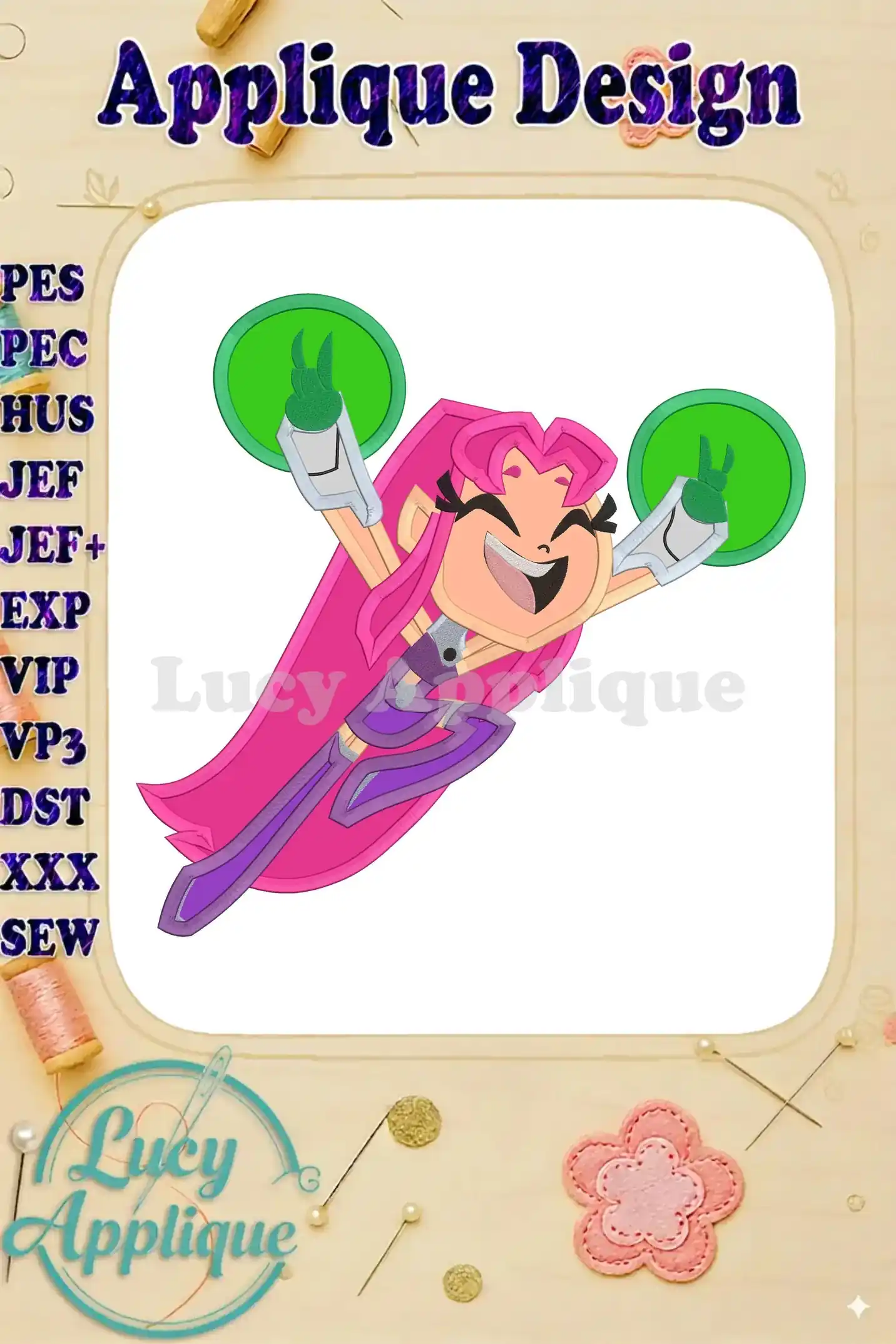 Starfire Teen Titans Go applique design. A vibrant, joyful depiction of Starfire in her iconic pose, ready to be embroidered.