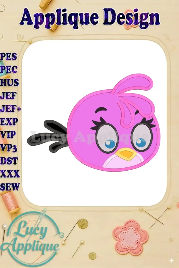 Adorable applique embroidery design of Stella from Angry Birds, showcasing her pink plumage and signature features. Great for adding a playful touch to projects.