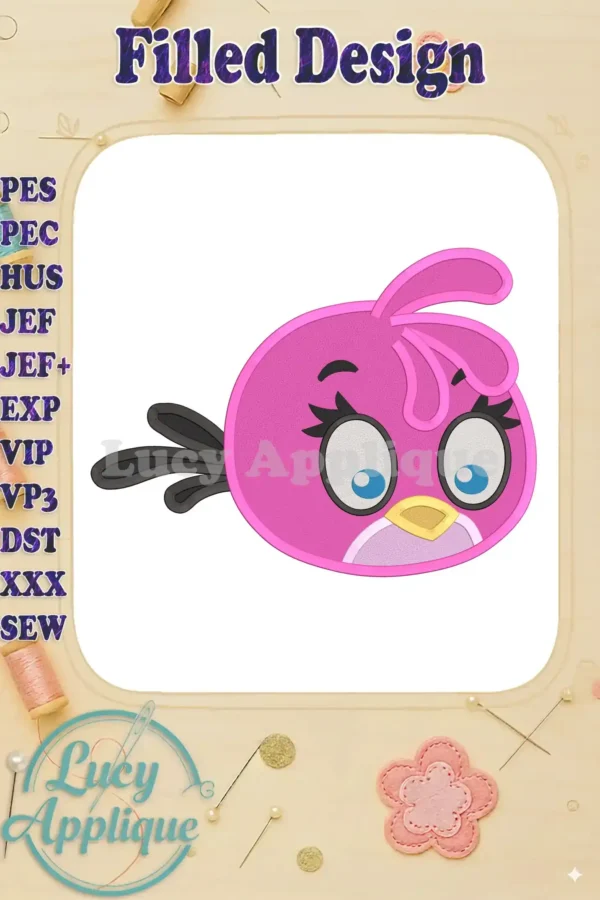 Embroidery design of Stella from Angry Birds, showcasing a pink filled stitch. Perfect for adding a fun, vibrant touch to your projects.