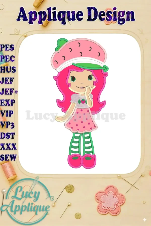 Embroidery design of Strawberry Shortcake, a cute cartoon girl with pink hair and a strawberry hat. Applique design in multiple formats.