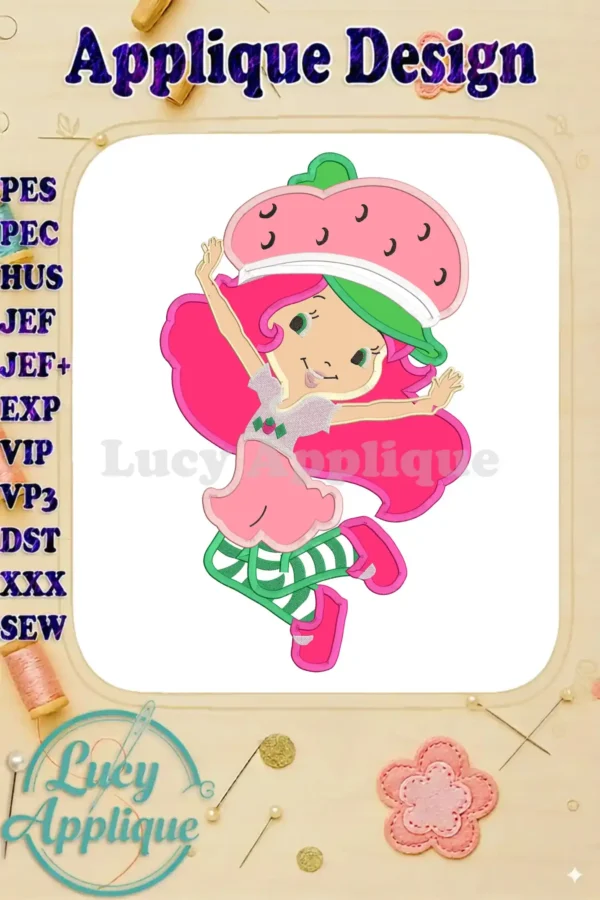 A charming applique design of Strawberry Shortcake, in a playful jumping pose, ready to be stitched. Various embroidery formats are listed.