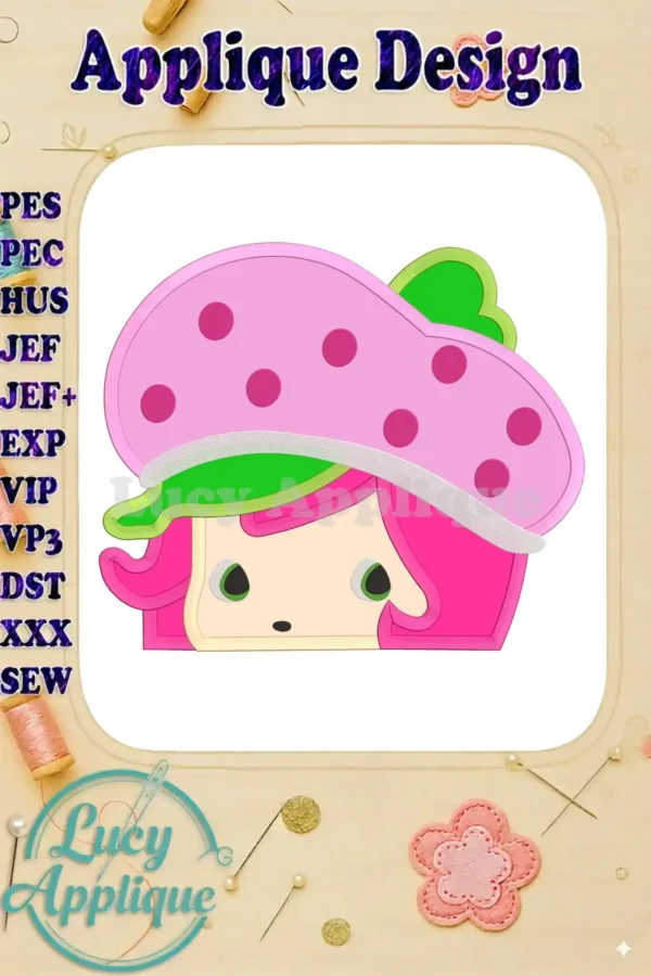 Main image showcasing a cute Strawberry Shortcake applique embroidery design, ready to be stitched. The design is presented on a white background with a simple frame.