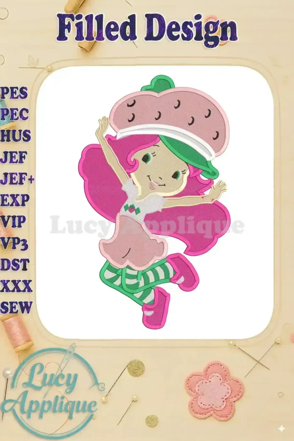Embroidery design of Strawberry Shortcake, a cute cartoon character, in a jumping pose, filled stitch, various formats.