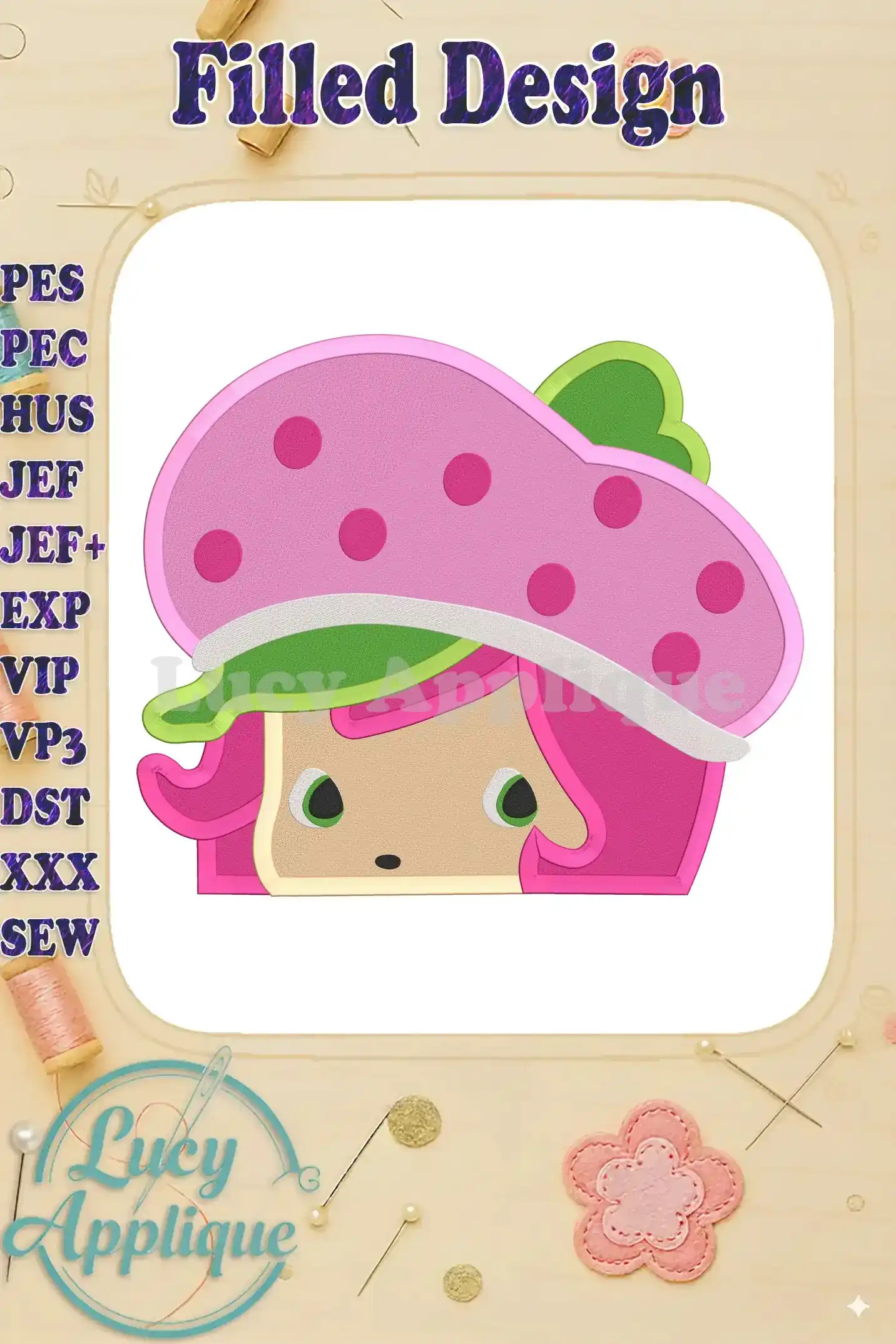 Embroidery design of Strawberry Shortcake, featuring her iconic strawberry hat and bread-slice hair. It's a filled stitch design.