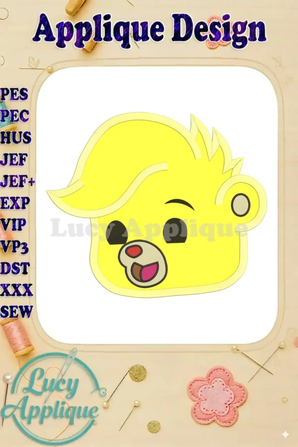 A charming applique design of Sunni Gummi Bear from Gummi Bears, ready to be stitched. The design is yellow with simple features and a happy expression.