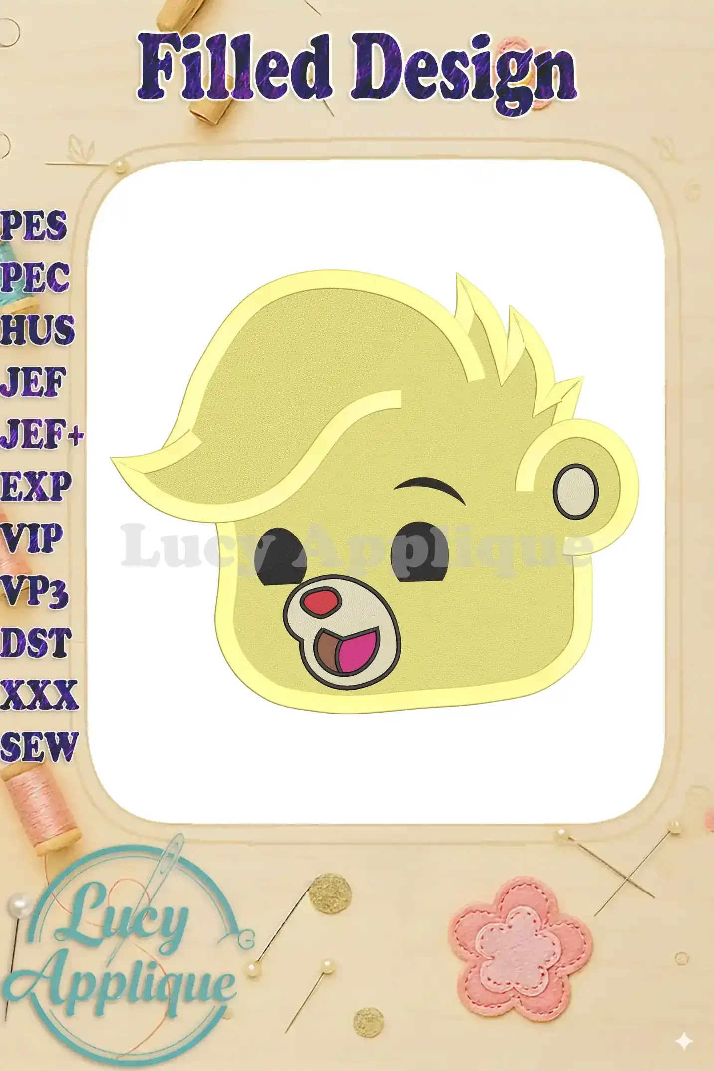 Sunni Gummi Bear's happy face, a filled embroidery design showcasing yellow and pink accents. Detailed instructions for various embroidery machine formats.