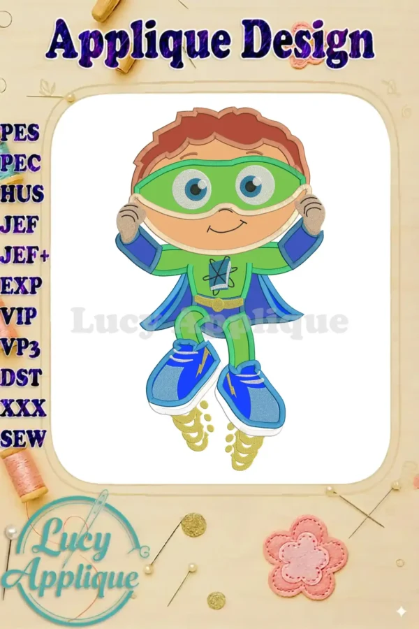 Super Why applique embroidery design featuring the main character in a superhero costume, ready to be stitched. Includes various file formats for different embroidery machines.