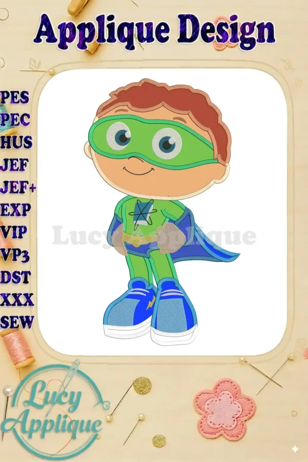 Super Why applique design showcasing a charming cartoon superhero. The design is presented against a white background, with various file format options listed.