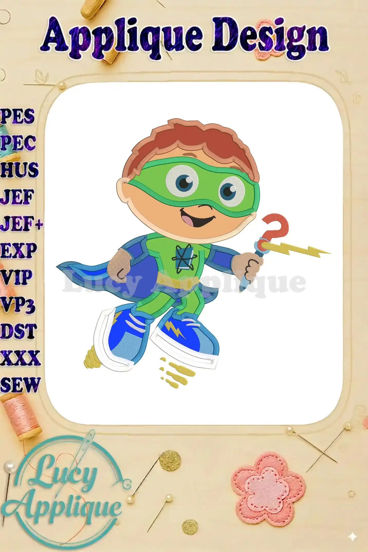 Super Why applique design showcasing a superhero-themed character, ready to be embroidered. This image shows the main design in multiple formats.