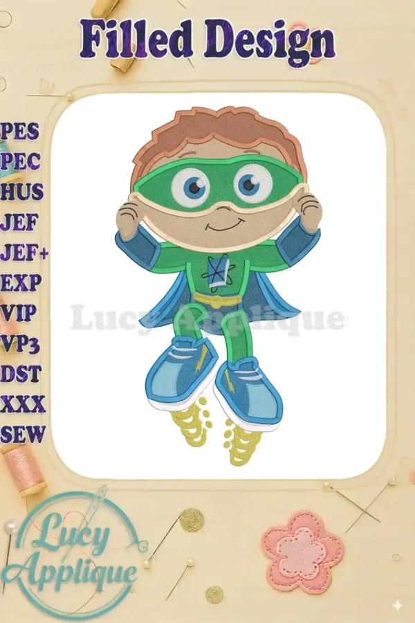 Embroidery design of Super Why, a cartoon superhero, in flight. The design is colorful and detailed, suitable for various sewing projects.