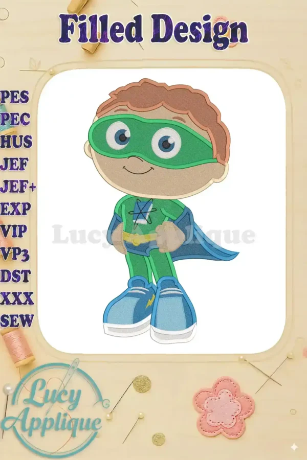 Super Why, a superhero boy, in a filled embroidery design. Green and blue costume, bright colors, detailed features. Ideal for kids' apparel.