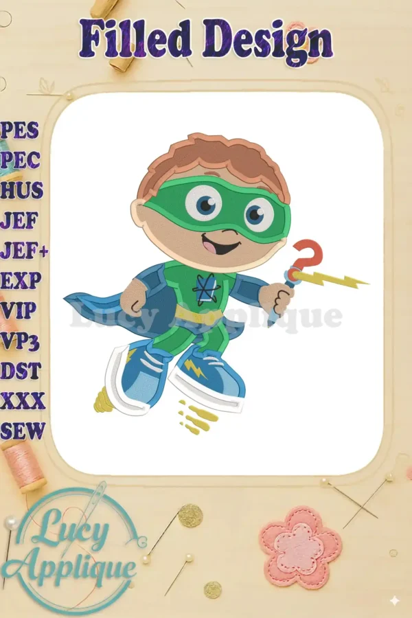 Embroidery design of Super Why, a cartoon superhero, in a dynamic pose. The design is filled and features various colors, perfect for stitching on apparel or home decor.