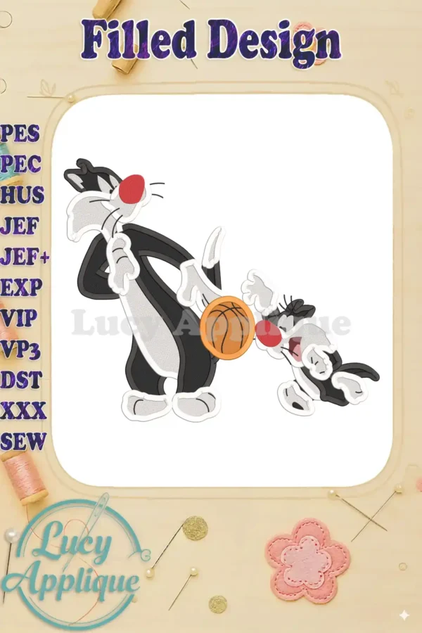 Sylvester and Tweety playing basketball, a filled embroidery design. This image showcases the completed design with high-quality stitching and vibrant colors.