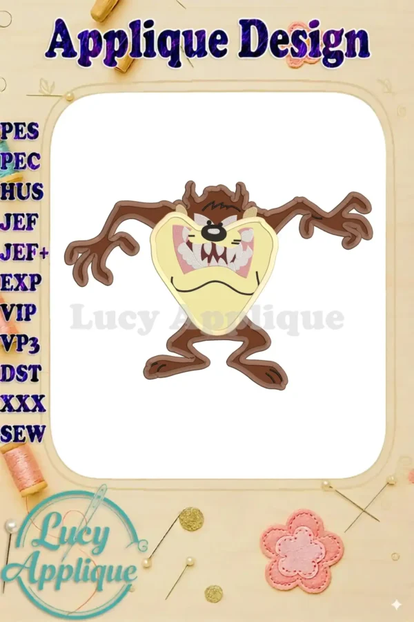 Tasmanian Devil applique embroidery design in a heart shape. Includes various file formats for different machines. Ready to stitch!