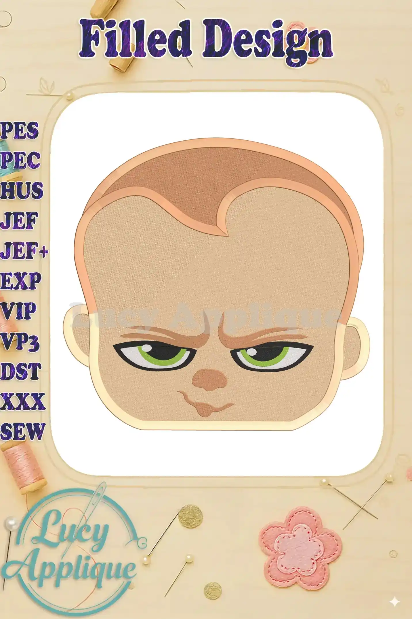 Embroidery design of The Boss Baby's face. A filled design featuring detailed facial features, showcasing a cute and expressive cartoon baby.
