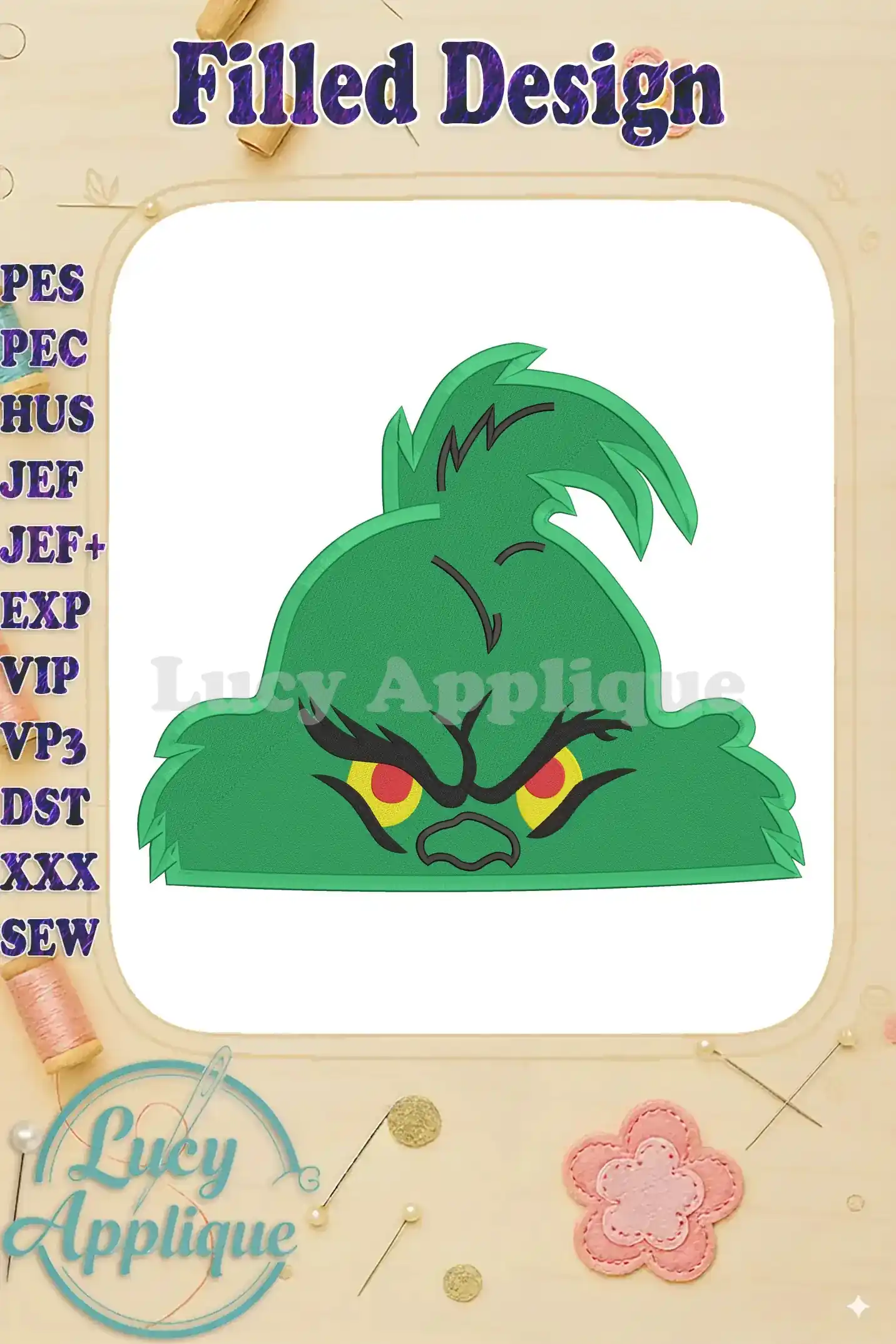 A charming Grinch head embroidery design, filled with vibrant green and red accents. This detailed image showcases the design's stitch quality and overall appeal. Perfect for Christmas projects!