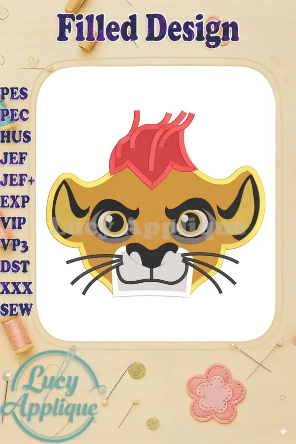Embroidery design of Kion's head from Disney's The Lion Guard, showcasing a filled design with vibrant red and orange mane.