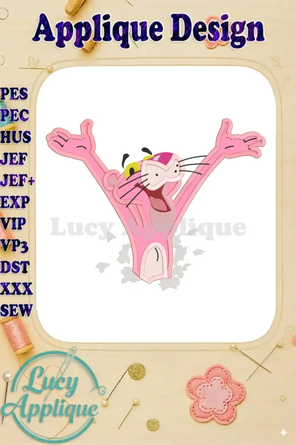 Pink Panther applique embroidery design, vibrant pink, breaking through a wall, joyful expression, ready to stitch. Various file formats included.