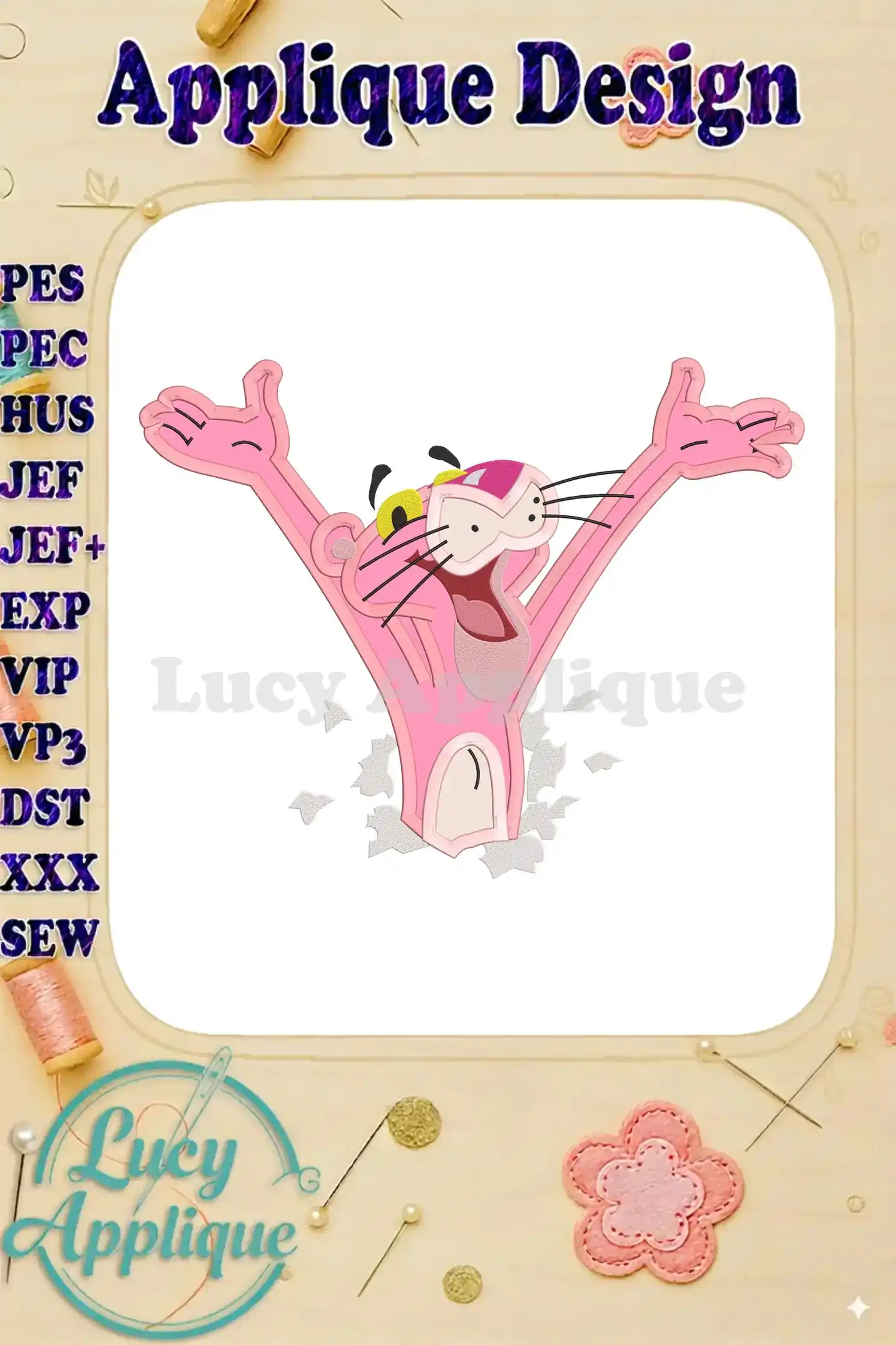 Pink Panther applique embroidery design, vibrant pink, breaking through a wall, joyful expression, ready to stitch. Various file formats included.