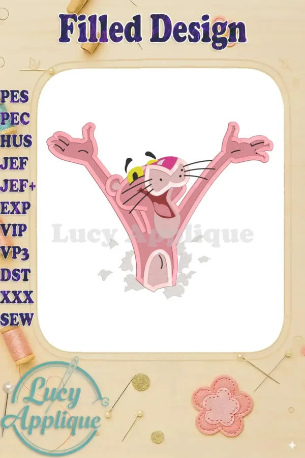 Pink Panther filled embroidery design, cheerful character bursting through a background, ready to stitch. High-quality detailed image.