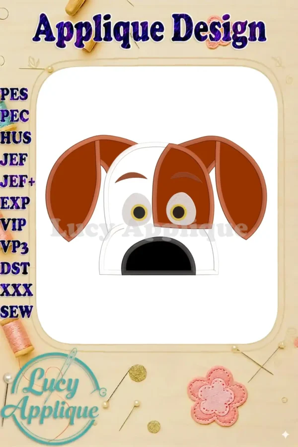 Applique embroidery design of a dog, likely Max from 'The Secret Life of Pets', featuring brown and white coloring. The design is presented on a white background with a decorative border.