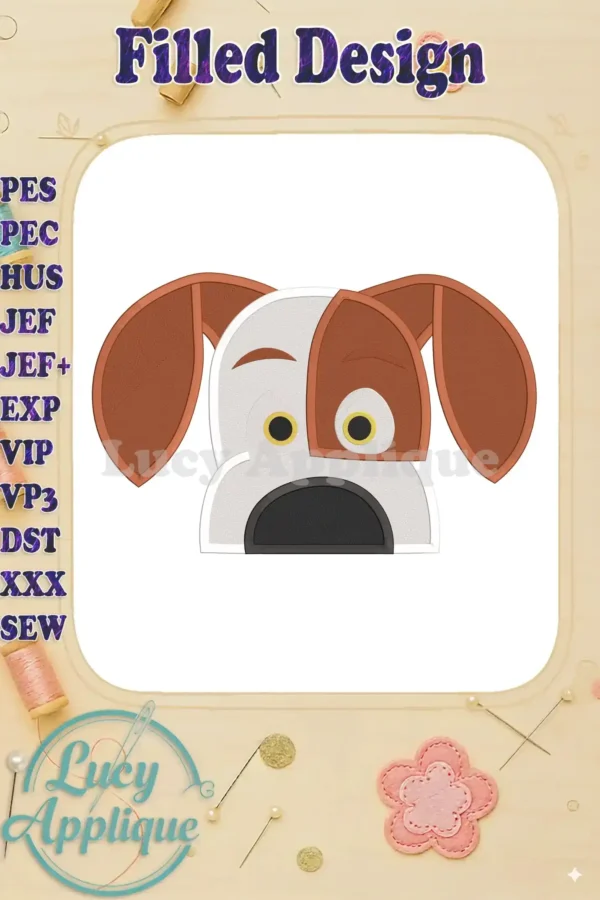 Embroidery design of Max, the Jack Russell Terrier from "The Secret Life of Pets," in a charming, filled applique style. Perfect for adding a playful touch to your projects.